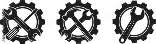 Mechanical gear and wrench icons set in black and white, industrial maintenance and repair symbols, flat silhouette vector illustrations for engineering and technical services