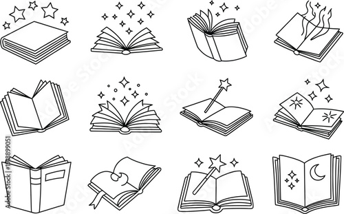 Magical Open Book Icons: Collection of simple line art drawings showcasing books, stars, sparkles, and magic wands for fantasy and learning themes.