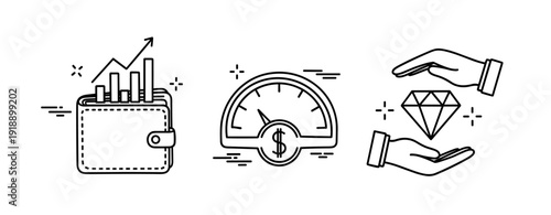Financial growth, speedometer, and security icons: wallet, gauge, and diamond protection