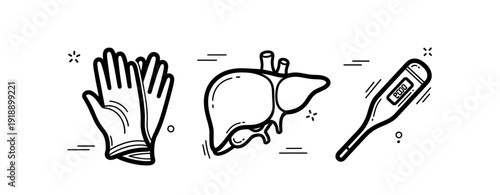 Medical icons: gloves, human liver, and thermometer illustration