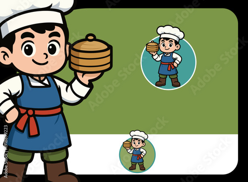 A young chef proudly holds a bamboo steamer, showcasing traditional culinary techniques while expressing a love for food and the artistry of cooking.