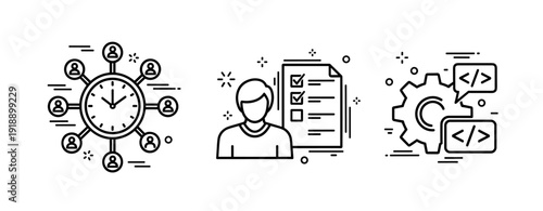 Time management, team collaboration, and software development concepts illustrated