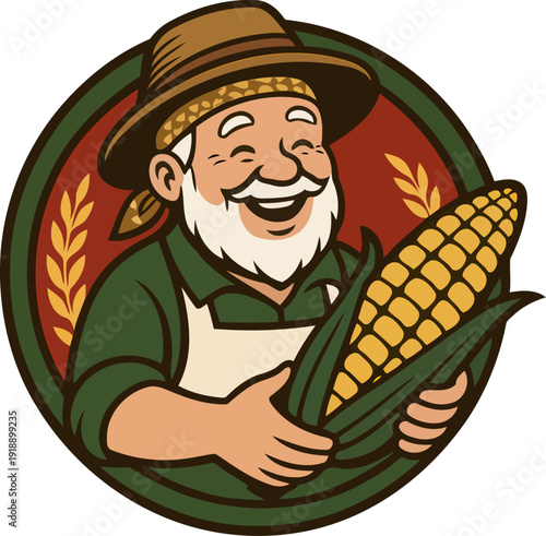 A joyful farmer with a beard proudly holds fresh corn, celebrating the bounty of nature and the pleasure of growing wholesome food in the harvest season.