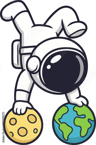 Schilderij op canvas An astronaut effortlessly balances the Earth and Moon, showcasing grace and strength in a whimsical representation of space exploration and human curiosity
