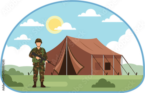 Military soldier standing guard near army tent camp, outdoor defense and training scene, flat vector illustration showing security, patrol, and field operations