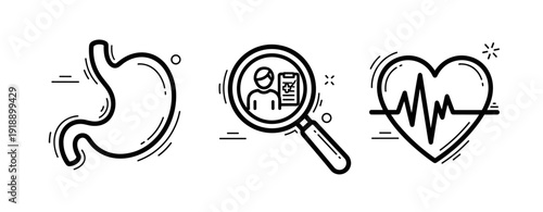 Health icons featuring stomach, magnifying glass with profile, and heartbeat line