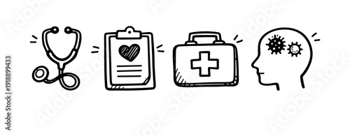 Healthcare doodle: stethoscope, clipboard, first aid, mental health icons