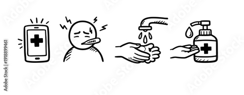 Healthcare icons: smartphone, symptoms, handwashing, sanitizer