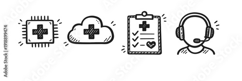 Healthcare technology icons: ai, cloud, checklist, support