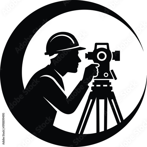 Surveyor silhouette using total station on tripod, professional land measurement and construction surveying concept emblem isolated on white background vector illustration