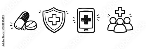Healthcare icons: medicine, shield, smartphone, community health symbols