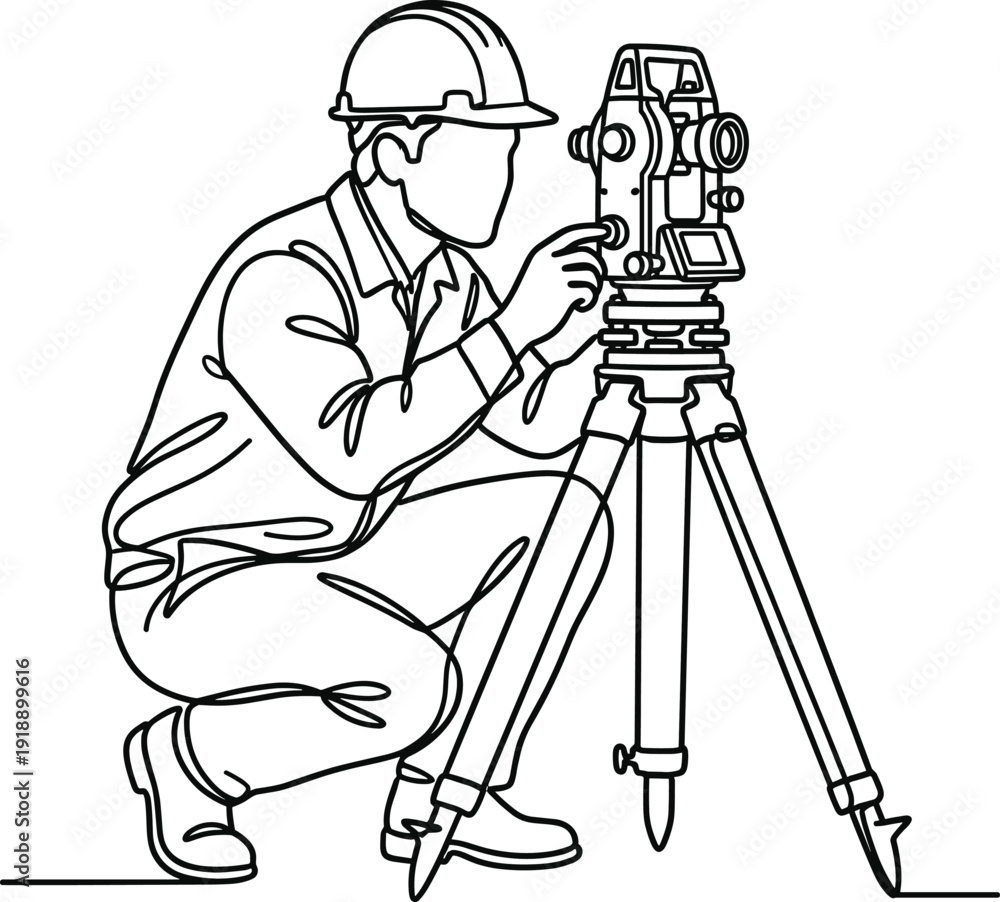 Fototapeta premium Surveyor engineer using total station equipment for land measurement, professional construction surveying and site mapping process line art illustration isolated on white background