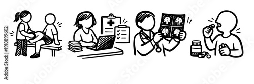 Medical checkup and diagnosis procedures illustrated in health icons