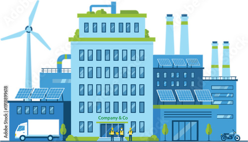 Modern eco friendly industrial complex with renewable energy sources, solar panels and wind turbines, sustainable factory illustration representing green technology and clean energy future