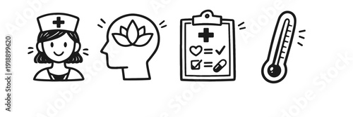 Healthcare icons: nurse, mental health, checklist, thermometer