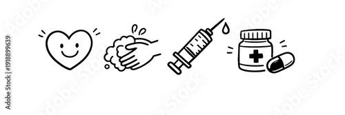 Health and hygiene icons: love, handwashing, vaccination, medication symbols