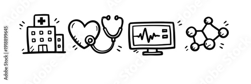 Medical icons: hospital, heartbeat, stethoscope, monitor, molecule