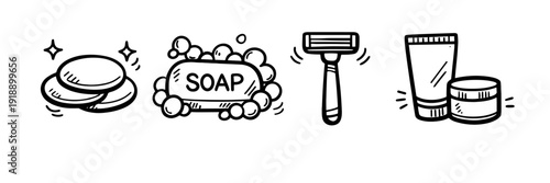 Collection of hand-drawn soap, shaving razor, and skincare products