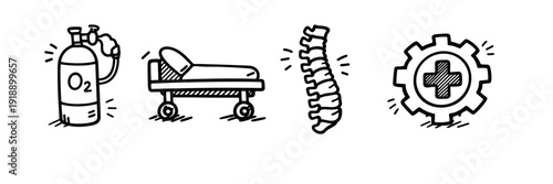 Medical equipment and symbols: oxygen tank, hospital bed, spine, medical gear icon