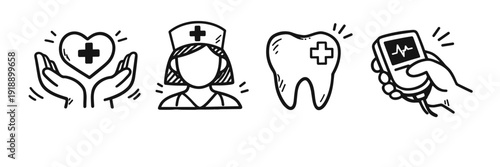 Healthcare icons: heart, nurse, tooth, glucometer illustrations in black and white