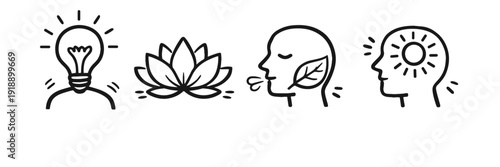 Minimalist icons of idea, lotus, mindfulness, and enlightenment