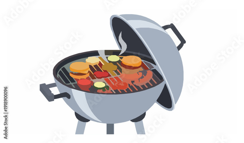Round Charcoal Kettle Barbecue Grill with Burgers and Vegetables Vector Illustration