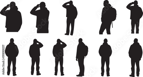 Silhouettes of men in various poses and uniforms standing