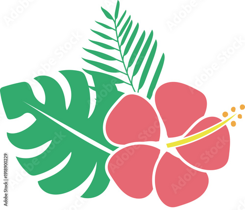 ピンクのハイビスカスとトロピカル植物のイラスト エキゾチックフラワーデザイン