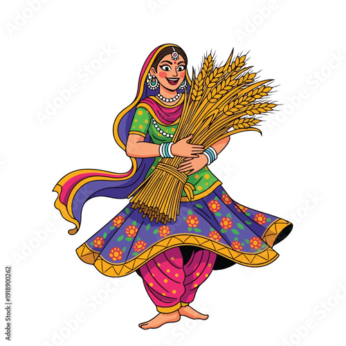 Illustration of a traditional Indian woman holding a bundle of wheat sheaves in colorful attire against a plain white background.