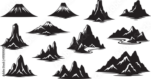 Black and white mountain range illustrations set landscape