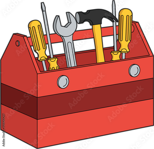 Red toolbox with hand tools including hammer, wrench, and screwdrivers, isometric vector illustration for repair, maintenance, construction, and workshop equipment concepts