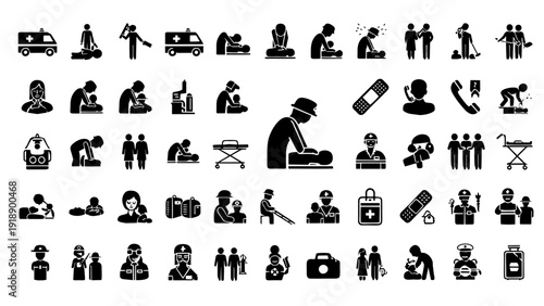 Comprehensive Medical and First Aid Icon Set, Emergency Response, CPR Scenarios, Healthcare Services, Ambulance, and Patient Care Pictograms in Black Vector Silhouette