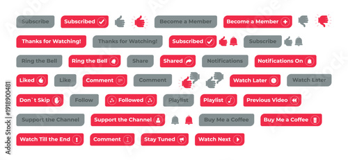 Mixed flat social media web button set. Enabled and disabled states. Video interaction. Active, inactive engagement icons. Minimal modern design. Isolated interactive call-to-action elements pack