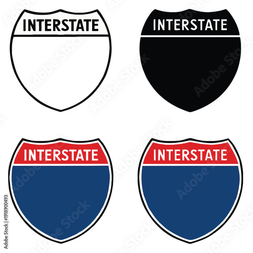 Interstate highway shield signs vector set: Outline, filled, and colored styles for road mapping, navigation, and travel design.