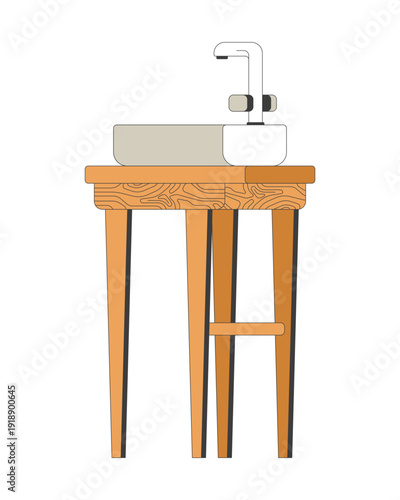 Bathroom sink with faucet placed on wooden stand 2D cartoon object. Wash basin. Sanitary ware. Household furniture. Plumbing fixture isolated element flat vector clip art on white. Spot illustration