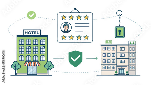 Hotel Booking and Verification System Concept with ID Card, Verified Shield, Guest Reviews, and Room Key Icons for Secure Travel and Hospitality Service