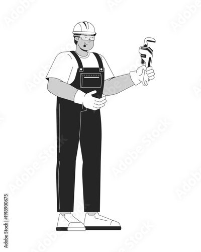 Middle aged arab tradesman holding pipe wrench 2D line character. Maintenance and repair profession. Handyman plumber engineering isolated vector ink outline person. Monochromatic spot illustration
