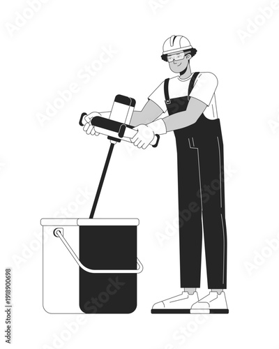 Construction worker using electric mixer to stir plaster in bucket 2D line character. Interior finishing work. Hispanic tradesman isolated vector ink outline person. Monochromatic spot illustration