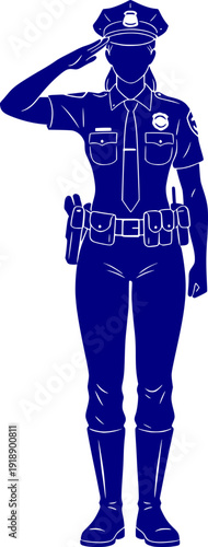 Female police officer in professional uniform performing a salute. Blue and white vector illustration of a law enforcement officer standing in a respectful pose.