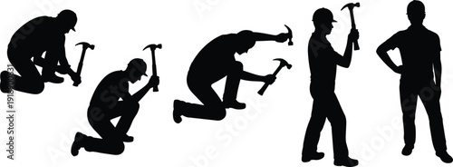 Carpenter and construction worker silhouettes with hammer actions, professional handyman labor poses, black vector illustration isolated on white background