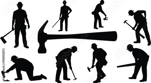 Carpenter and construction worker silhouettes with hammer and tools, professional handyman labor vector illustration isolated on white background, black design
