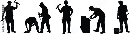 Carpenter and construction worker silhouettes with hammer tools, handyman repair actions black vector illustration isolated on white background