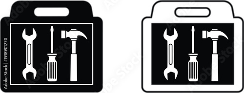 Toolbox icons with wrench, screwdriver, and hammer symbols in black and white, repair and maintenance toolkit vector for construction, service, and workshop concepts