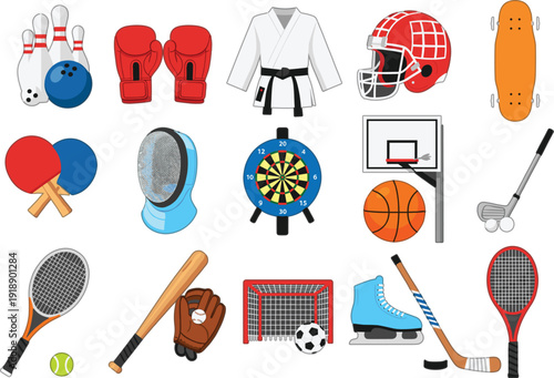 Sports equipment and game icons set with boxing, karate, bowling, basketball, tennis, baseball, hockey, darts, and table tennis, colorful flat vector illustrations