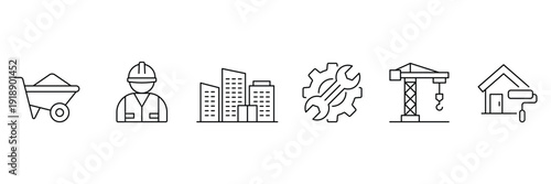 Engineering tools icons. Build line icon set. Construction black line icons set. 