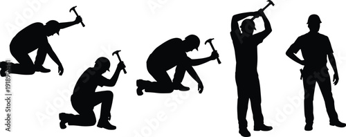 Construction worker silhouette collection with hammer poses, carpenter handyman labor actions, black vector illustration isolated on white background