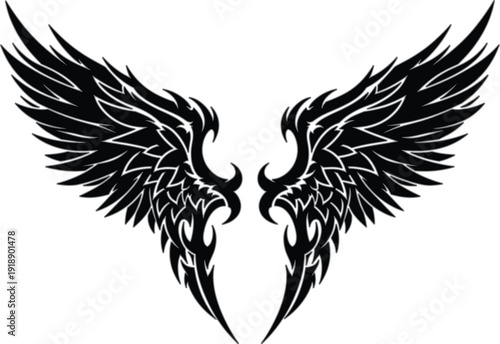 Tribal Angel Wings Vector Illustration with Symmetrical Sharp Feather Design in Black Flame Style for Tattoo Logo Emblem and Fantasy Graphic Art