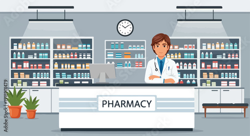 Cartoon Pharmacist Standing at Pharmacy Counter Illustration