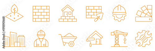Build line icon set. Construction orange line icons set. Engineering tools icons.