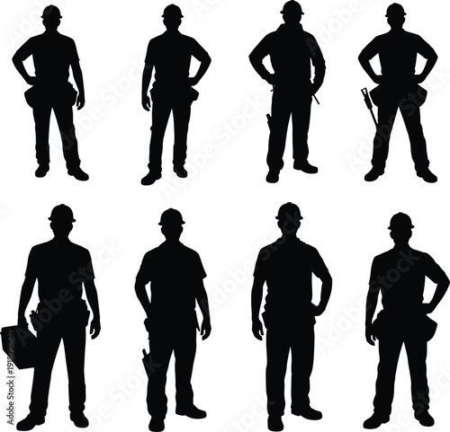 Construction worker silhouette collection with safety helmet and toolbox, builder labor vector illustration isolated on white background, profession set
